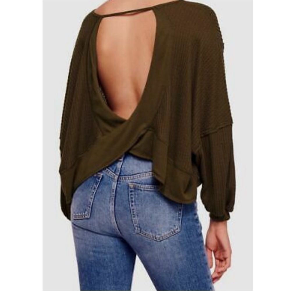 FREE PEOPLE | WE THE FREE Dark Green Waffle Thermal Cutout Top Women’s Size S
